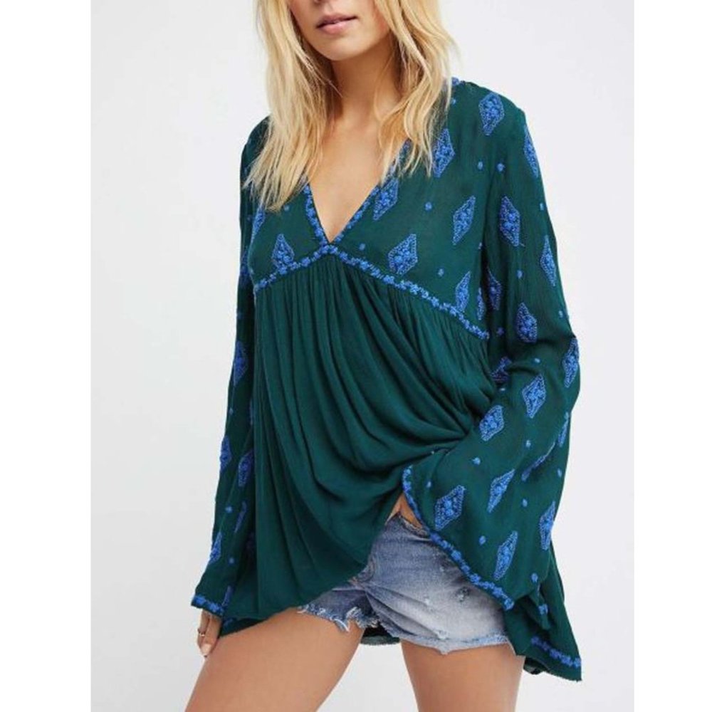 Free People Diamond Embroidered Tunic In Moss&Sky